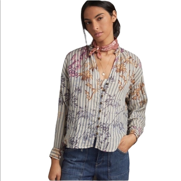 Pilcro Floral striped button down shirt Anthropologie xsp - Picture 1 of 14